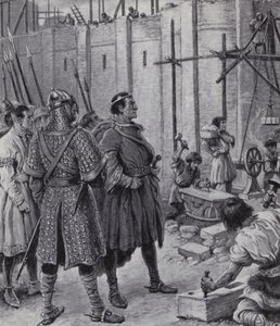 William Valloittaja valvomassa Lontoon Towerin (litho) rakentamista