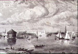 New Yorkin satama 1860-luvulla (kaiverrus) tekijältä Paul (after) Huet
