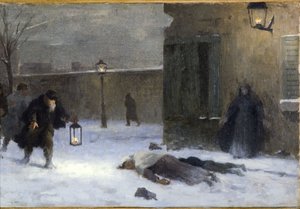 Hôtel de Villen prefektin toimiston luonnos: Haavoittuneiden etsintä Pariisin piirityksen aikana vuonna 1870.