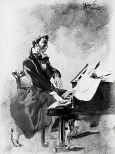 Säveltäjä ja pianisti Frederic Chopin soittaa pianoa, Albert Besnard (1849-1934), akvarelli tekijältä Paul Albert Besnard
