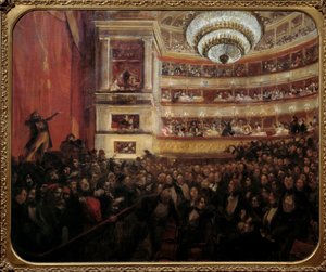 Hernani Ensiesitys Victor Hugon (1802-1885) teoksen "" Hernani" -esitys Comedie Francaisessa 25.2.1830. Paul Albert Besnardin (1849-1934) maalaus 1800-luvun aurinko. 1,05x1,22 m Pariisi, talo Victor Hugo