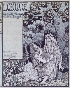 Lumoaja Merlin ja keiju Vivien Brocelianden metsässä, Jean Lorrainin (1855-1906) näytelmästä Broceliande n. 1900 (puupiirros)