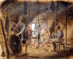 Rautakautisen talon sisällä, 5. vuosisadalla eKr., n. 1990-2010 tekijältä Paul Birkbeck