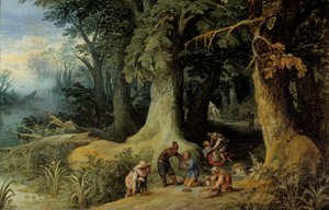 Asehyökkäys metsään Ryhmä valtatierosvoja. Paul Brilin (Brill) maalaus (1554-1626)
