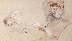Madame Helleu Reading, Paulette makaa hänen vieressään sohvalla, tekijältä Paul Cesar Helleu