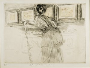 Nainen katsomassa Watteau-piirroksia Louvressa, n. 1895 tekijältä Paul Cesar Helleu