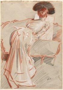 Nainen mahdollisesti Madame Alice Hellu katsomassa piirustusta, c. 1895. tekijältä Paul Cesar Helleu
