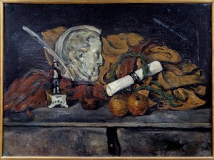 Cezannen tarvikkeet. Philippe Solarin asetelma medaljongilla Paul Cezannen (1839-1906) maalaus 1873 Su. 0,6x0,8 m Pariisi, musee d