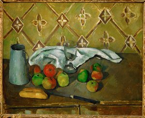 Hedelmiä, lautasliina ja maitokannu tekijältä Paul Cézanne