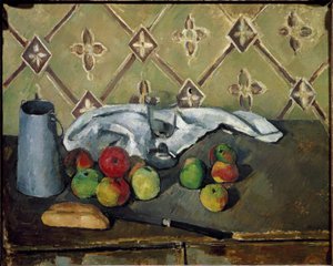 Hedelmät, lautasliina ja maitolaatikko - Öljy kankaalle tekijältä Paul Cézanne