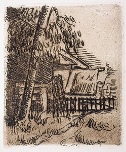 Maisema Auversissa, maatilan sisäänkäynti Rue St. Remyllä (etsaus) tekijältä Paul Cézanne