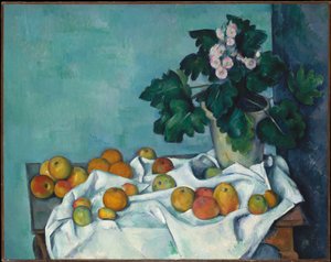 Asetelma, jossa on omenoita ja ruukullinen esikoita tekijältä Paul Cézanne