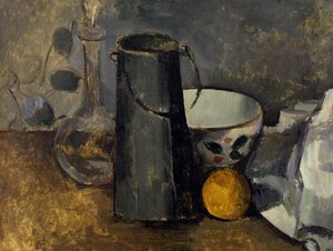 Asetelma karahvin, maitopurkin, kulhon ja appelsiinin kanssa tekijältä Paul Cézanne