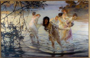 Happy ebats Nuoret naiset pyörittelevät vedessä. Paul Chabasin (1869-1937) maalaus 1899 Nantes, Kuvataidemuseo
