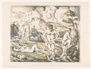 Uivia miehiä mäkisessä maisemassa Les Grands Baigneurs Baigneurs au repos tekijältä Paul Cézanne