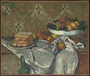 Hedelmäkulho ja keksilautanen, n. 1877 (öljy kankaalle) tekijältä Paul Cézanne