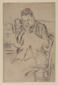 Hortense Fiquet, Madame Cezanne, ompelu, n. 1880 (kynä paperille) tekijältä Paul Cézanne