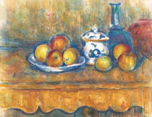 Asetelma sinisellä pullolla, sokerikulholla ja omenoilla tekijältä Paul Cézanne