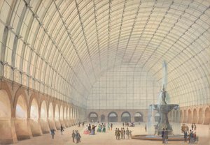 Suunnittelu harjoitus- ja teollisuusnäyttelyhalliin Wienissä, perspektiivikuva sisätiloista, 1853. tekijältä Paul Eduard Sprenger
