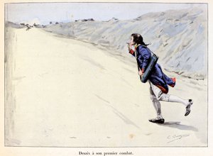 Desaixilla on ensimmäinen taistelu: Charles Antoine Desaix de Veygoux (1768-1800) vangitsee vangin Landau in der Pfalzissa (Saksa), kun armeija vetäytyy - kuvitus Emile Boutignyn (1853-1929) teoksessa "Hoche-Marceau-Desaix" Theodore Cahu (1854-1928) - Pr