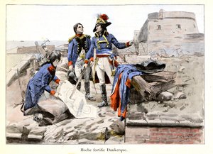 Hoche linnoittaa Dunkerquea: Vuonna 1793 sotapäällikkö kenraali Lazare Hoche (1768-1797) puolustaa Dunkerquea brittejä vastaan tekemällä kaupungista liian vaikeaa vihollisille ajaa - Emile Boutignyn (1853-1929) kuvitus teoksessa "Hoche-Marceau-Desaix" ” ki