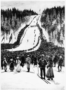 Ski: Norjan derby, hiihtokilpailu - piirustus Paul fisher, helmikuu 1900, Bibl. des Arts Deco. tekijältä Paul Fischer