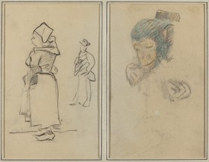 Breton nainen ja seisova mies; Apinan pää ja käsi [recto] tekijältä Paul Gauguin