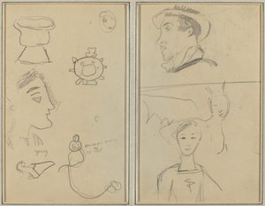 Karikatyyri ja viisi muotoa; Mies profiilissa, siivekäs olento ja poika [verso] tekijältä Paul Gauguin