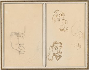 laiduntava lehmä; Naisen pää, jolla on käsi poskellaan, ja miehen pää, jolla on käsi korvallaan [verso] tekijältä Paul Gauguin