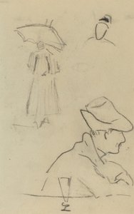 Sateenvarjoa pitelevä henkilö ja istuva mies, jolla on hattu ja lasi [käänteinen] tekijältä Paul Gauguin