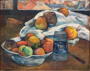 Bowl of Fruit and a Tankard ennen ikkunaa, n. 1890 (öljy kankaalle) tekijältä Paul Gauguin