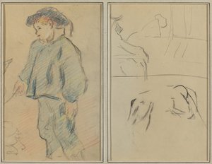Breton Boy hoitohanhet; Lehmät ja hahmo nojaa kielekkeelle [verso] tekijältä Paul Gauguin
