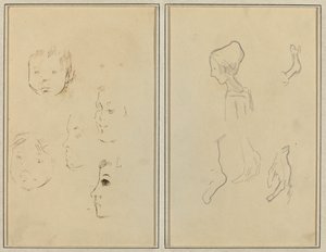 Viisi tutkimusta päistä; Poika profiilissa, joka tutkii käsiä ja jalkoja [verso] tekijältä Paul Gauguin