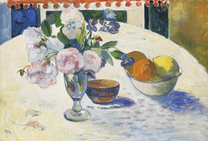 Kukkia ja hedelmäkulho pöydällä tekijältä Paul Gauguin