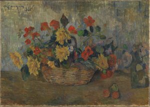 French: Capucines et dahlias dans une corbeille, ou Corbeille de fleurs Nasturtiums and Dahlias in a Basket (Nasturtium ja Dahliat korissa). tekijältä Paul Gauguin