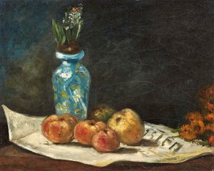 Ranskalainen:  Jacinthe et pommes sur un journal Hyasintti ja omenat sanomalehden päällä. tekijältä Paul Gauguin