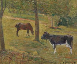 ranska: Vache et cheval dans un pré Lehmä ja hevonen niityllä tekijältä Paul Gauguin
