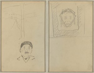 Maisema ja ihmisen pää; Apina neliön sisällä [recto] tekijältä Paul Gauguin