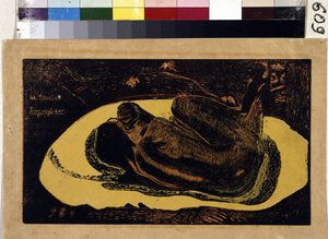 Manao Tupapau (Kuolleiden henki valvoo). Kaiverrus Paul Gauguin (1848-1903) tekijältä Paul Gauguin