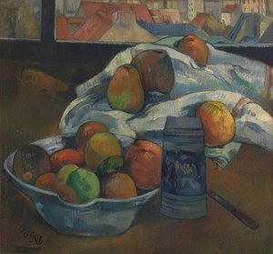 Hedelmäkulho ja kannu ikkunan edessä. Varmaan 1890 tekijältä Paul Gauguin