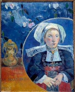 Kauniin Angele A Bretonnen muotokuva perinteisissä asuissa - Madame de Satren (1868-1932) muotokuva Pont Avenissa (Pont-Aven) - Paul Gauguinin (1848-1903) maalaus 1889 Aurinko 0,92 x 0,73 m Pariisi, museo d