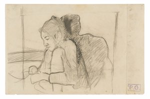 Istuva tahitilainen nainen (recto), luonnoksia kukoista ja kanoista (käänteinen) tekijältä Paul Gauguin