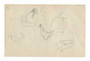 Luonnokset istuvista hahmoista ja kanoista (recto), alaston naisvartalo (liittyy maalaukseen Te a no areois [Areoin siemen]) (käänteinen), Carnet de Tahitista (Tahitilainen luonnoskirja) tekijältä Paul Gauguin
