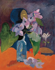 Gauguin, Paul Eugene Henri (1848-1903) asetelma kukkien ja idolin kanssa. Öljy kankaalle, n. 1892, Mitat: 40,3x32. Kunsthaus Züerich tekijältä Paul Gauguin