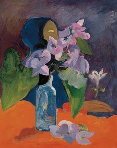 Asetelma kukkien ja idolin kanssa. Noin 1892 tekijältä Paul Gauguin