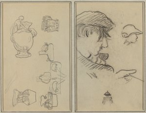 Kannojen ja maljakoiden tutkimukset; Mies viikset ja poika hattu [recto] tekijältä Paul Gauguin