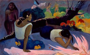 Tahitilainen:  Arearea no varua ino Reclining Tahitian Women or The Amusement of the Evil Spirit (Tahitilaiset naiset tai pahan hengen huvitukset) tekijältä Paul Gauguin