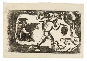 Tahitilaiset kantavat banaanit, sarjasta Late Wood-Block Prints tekijältä Paul Gauguin