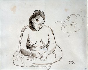 Tahitilainen nainen istuu Paul Gauguinin (1848-1903) mustetutkimus 1800-luvun Pariisi, Louvre tekijältä Paul Gauguin
