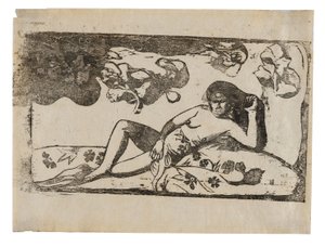 Te arii vahine-opoi (Nainen mangojen kanssa väsyneenä), myöhäisten puupiirrosten sarjaan kuuluvasta sarjasta. tekijältä Paul Gauguin